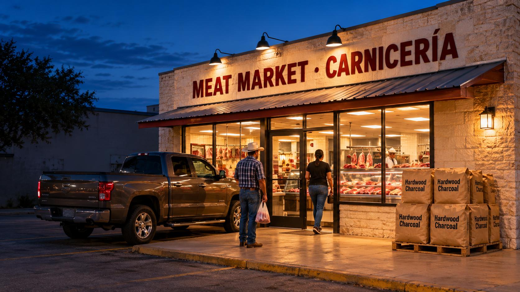 Meat market storefront at dusk with bags of hardwood charcoal on a pallet by the entrance