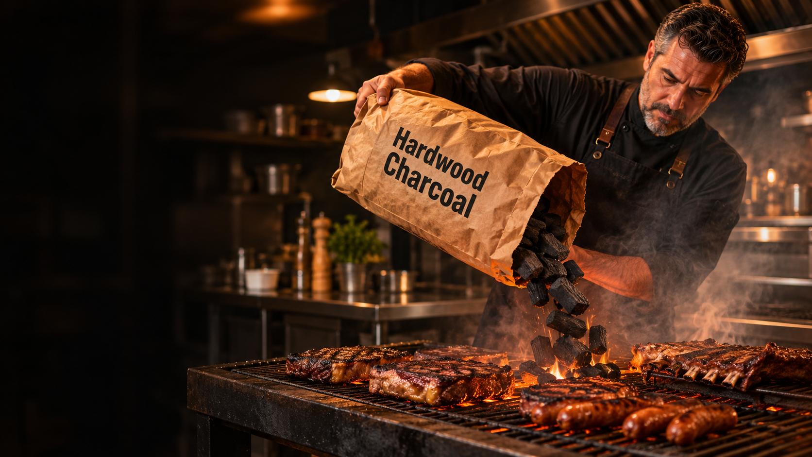Chef pouring hardwood lump charcoal from a kraft paper bag into a restaurant grill
